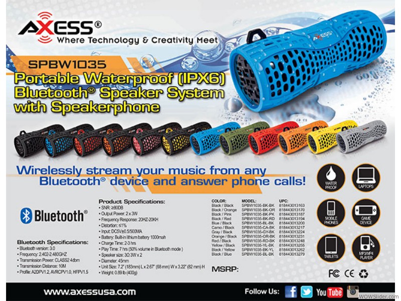 Axess SPBW1035 Waterproof BT Speaker